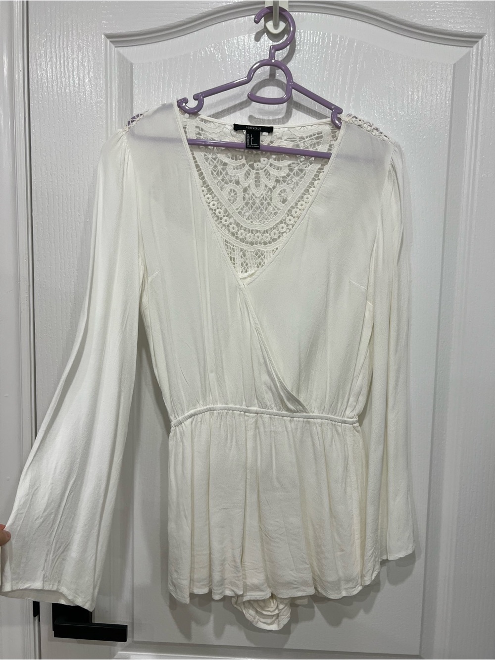 White Lace-Back Crochet Romper Bell sleeve